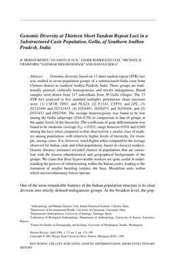 Genomic Diversity at Thirteen Short Tandem Repeat Loci in a Substructured Caste Population, Golla, of Southern Andhra Pradesh, India