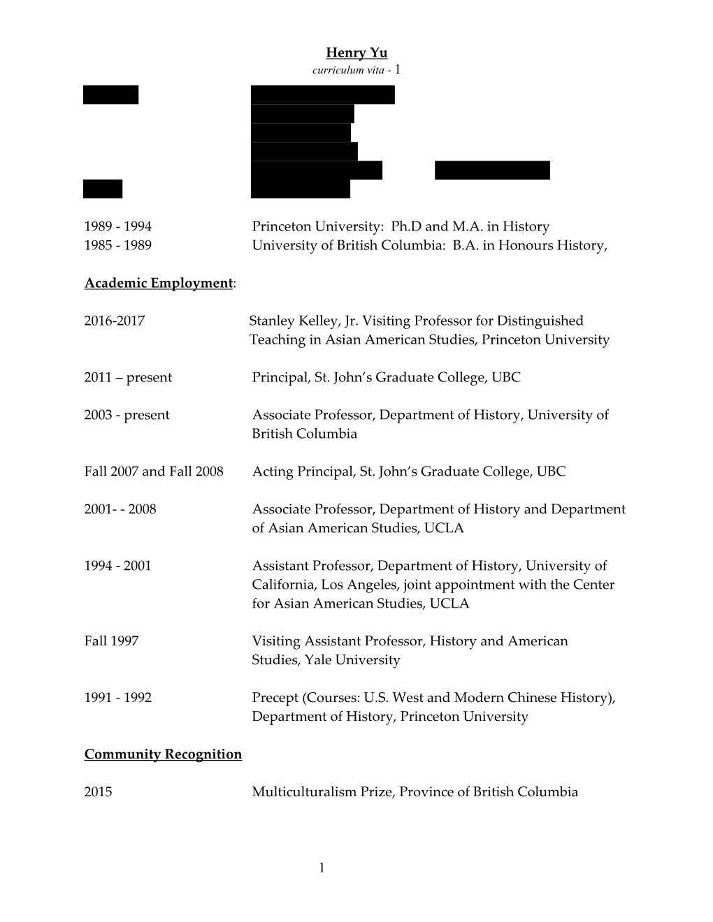 Curriculum Vitae of Henry Yu