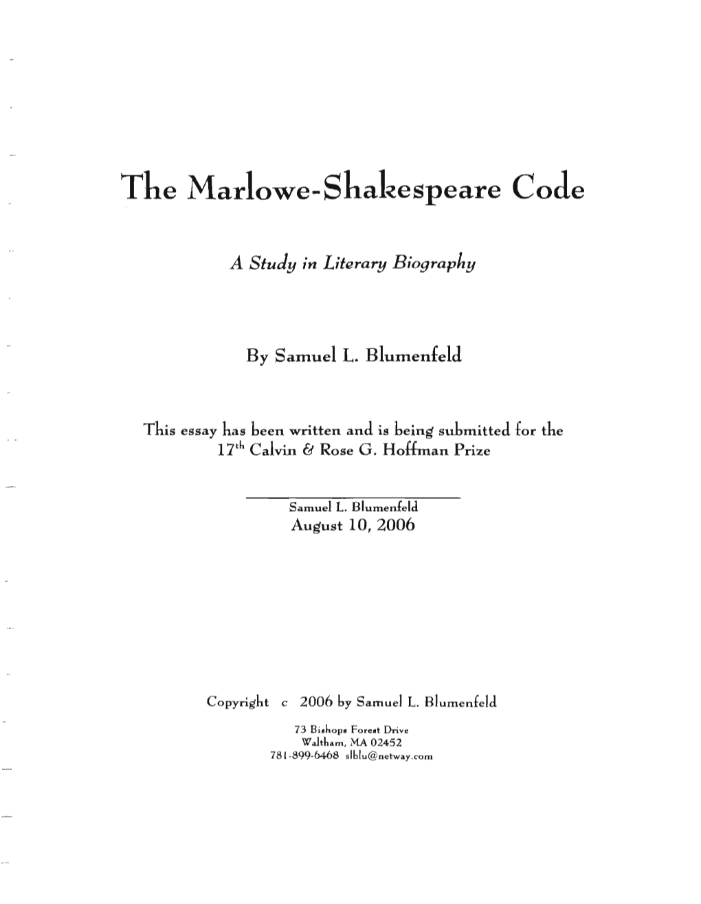 The Marlowe-Shakespeare Code