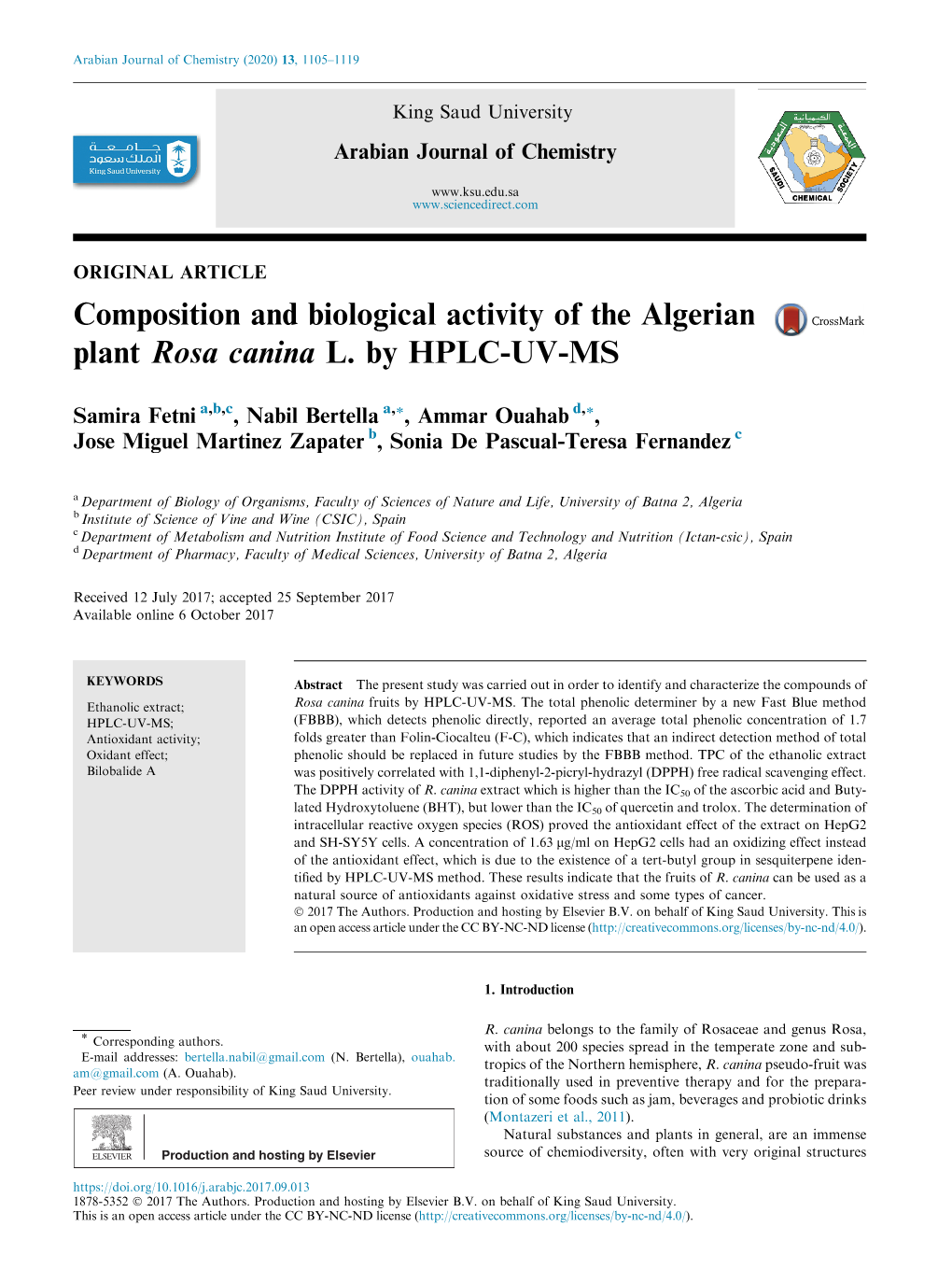 Composition and Biological Activity of the Algerian Plant Rosa Canina L