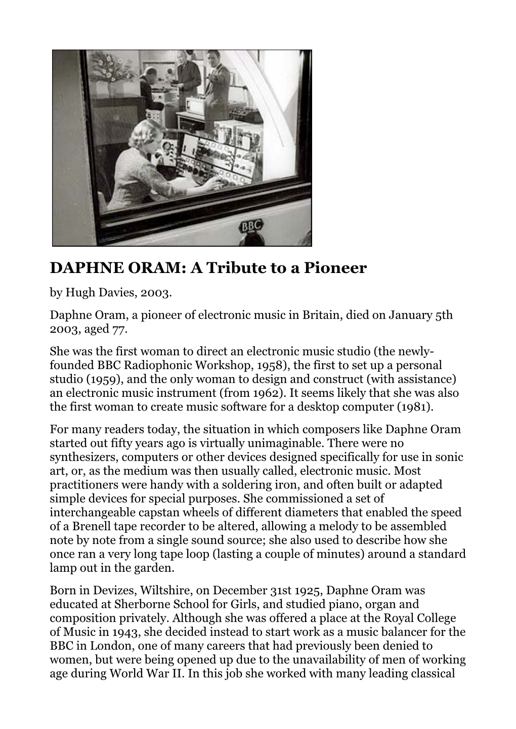 DAPHNE ORAM: a Tribute to a Pioneer by Hugh Davies, 2003