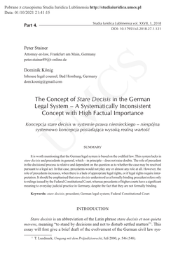 The Concept of Stare Decisis in the German Legal System – a Systematically Inconsistent Concept with High Factual Importance