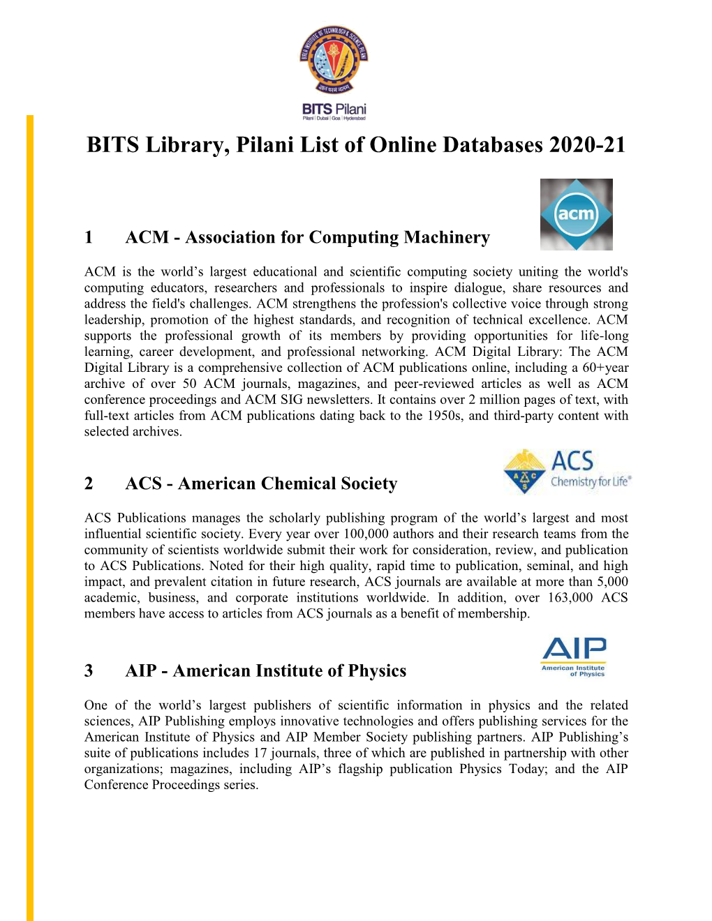 BITS Library, Pilani List of Online Databases 2020-21