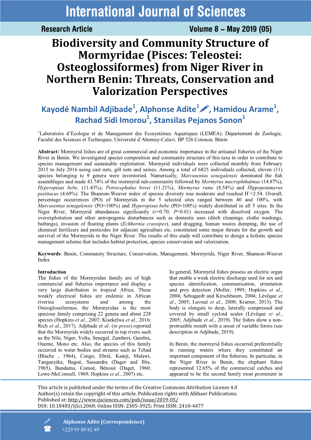 Biodiversity and Community Structure of Mormyridae (Pisces: Teleostei