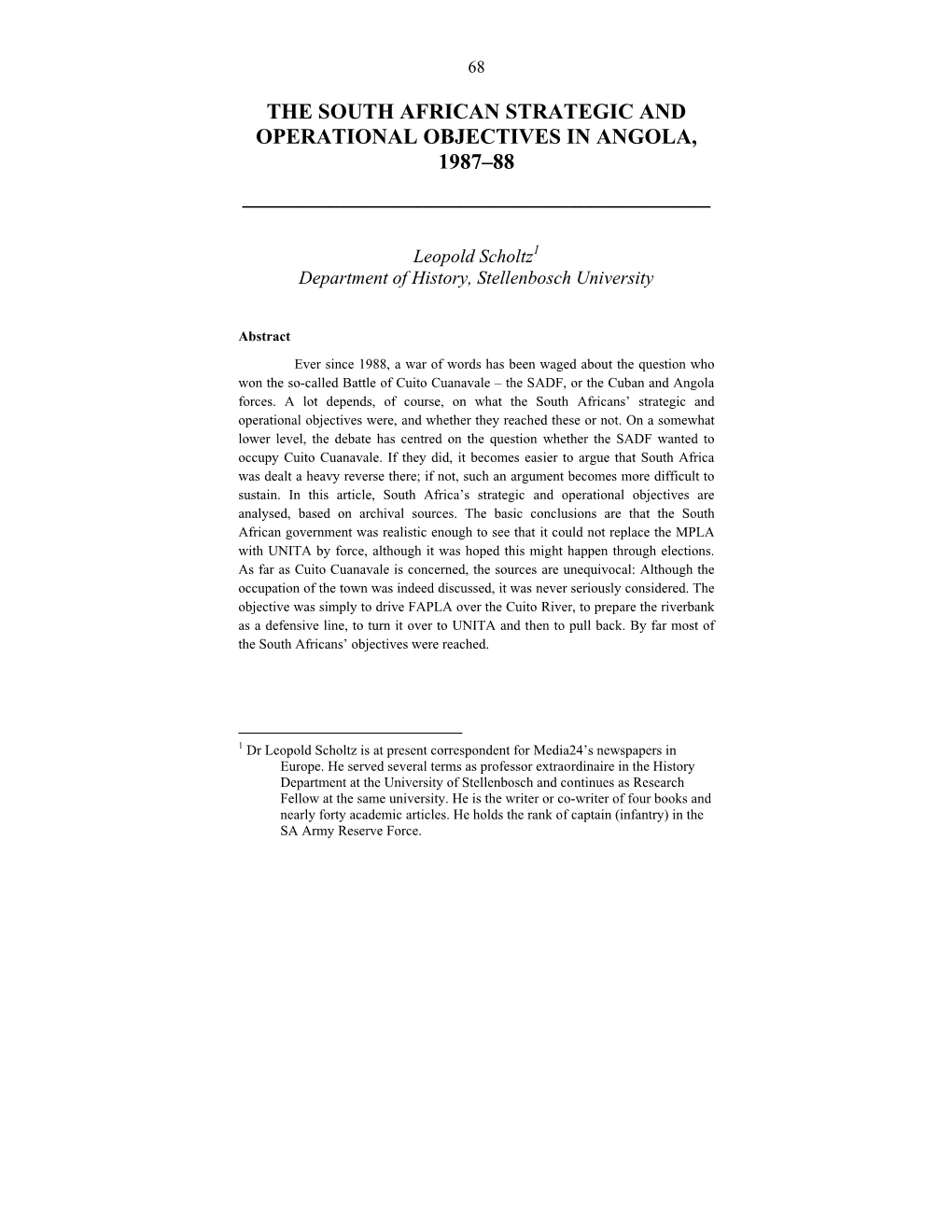 The South African Strategic and Operational Objectives in Angola, 1987–88 ______