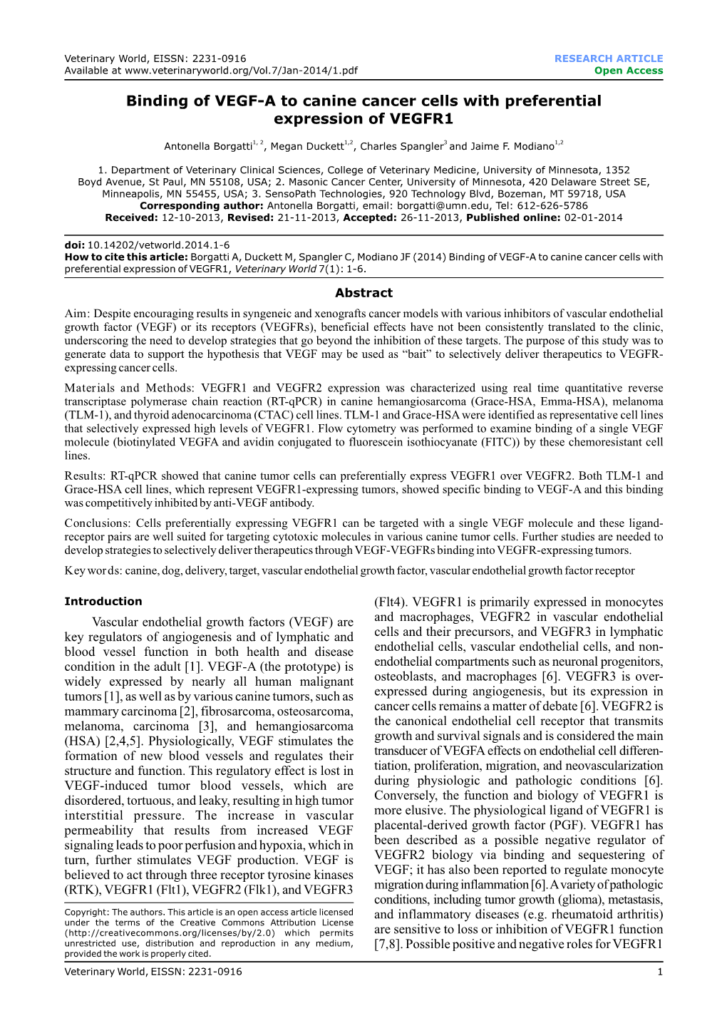 Binding of VEGF-A to Canine Cancer Cells with Preferential Expression of VEGFR1