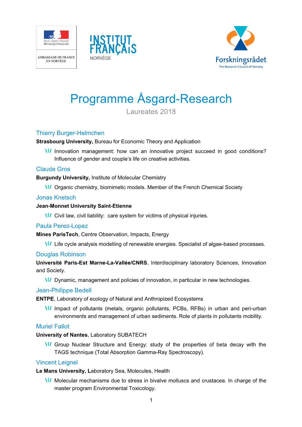 Programme Åsgard-Research Laureates 2018
