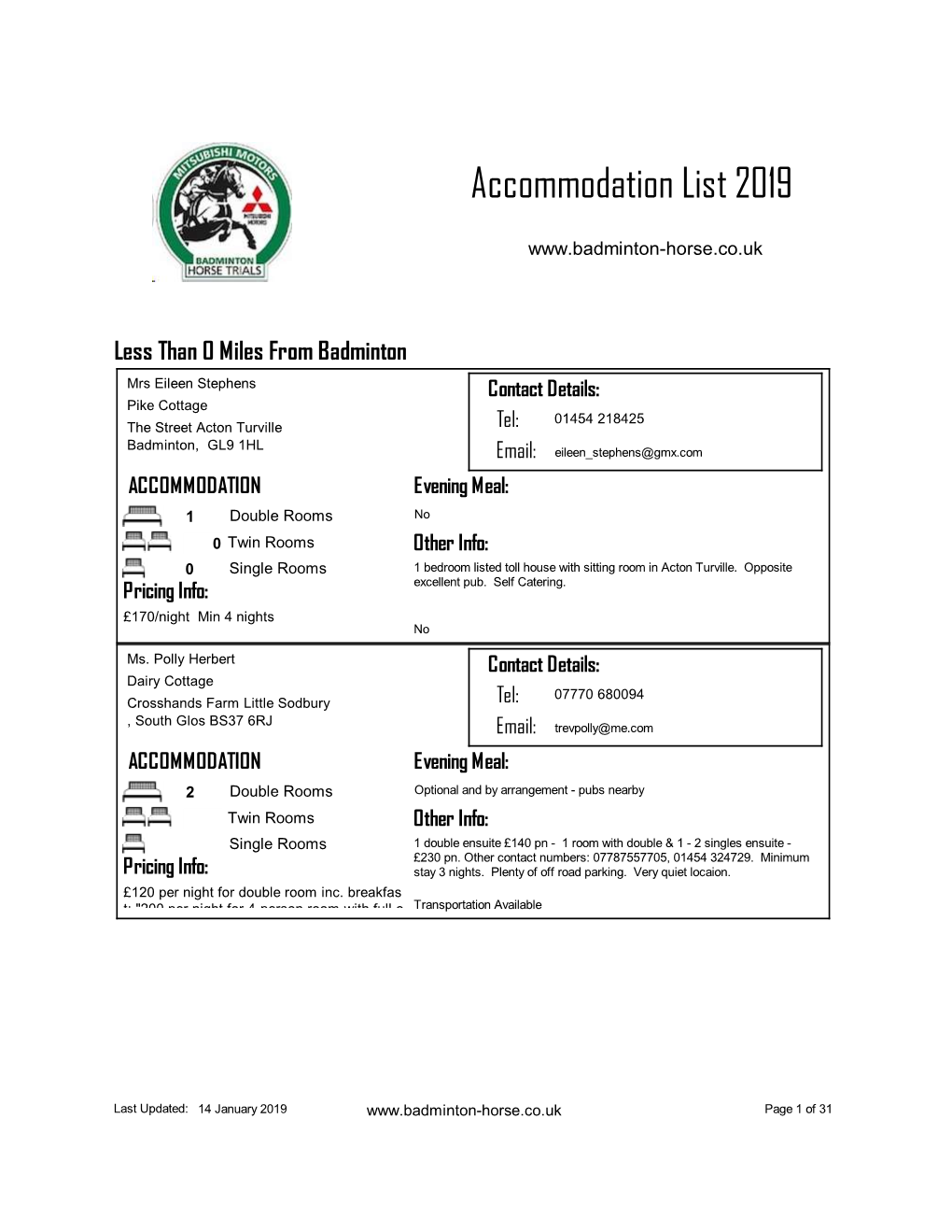 Accommodation List 2019