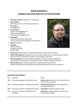 Dario Martinelli Curriculum Vitae and List of Publications
