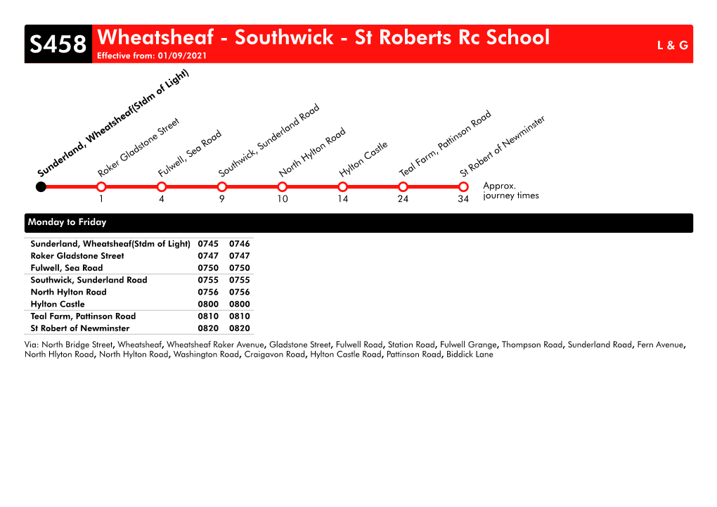 Wheatsheaf - Southwick - St Roberts Rc School L & G S458 Effective From: 01/09/2021