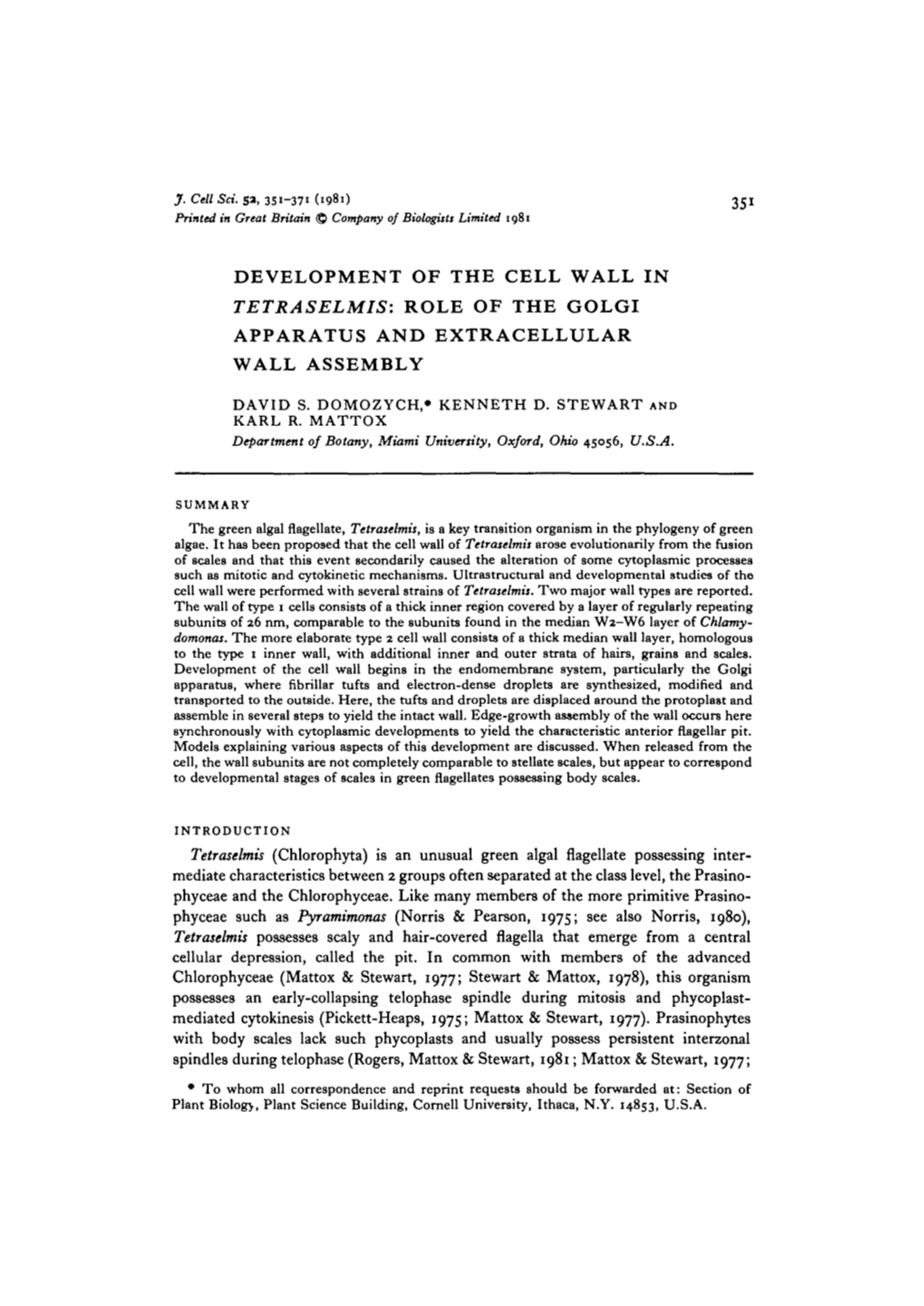 Role of the Golgi Apparatus and Extracellular Wall Assembly