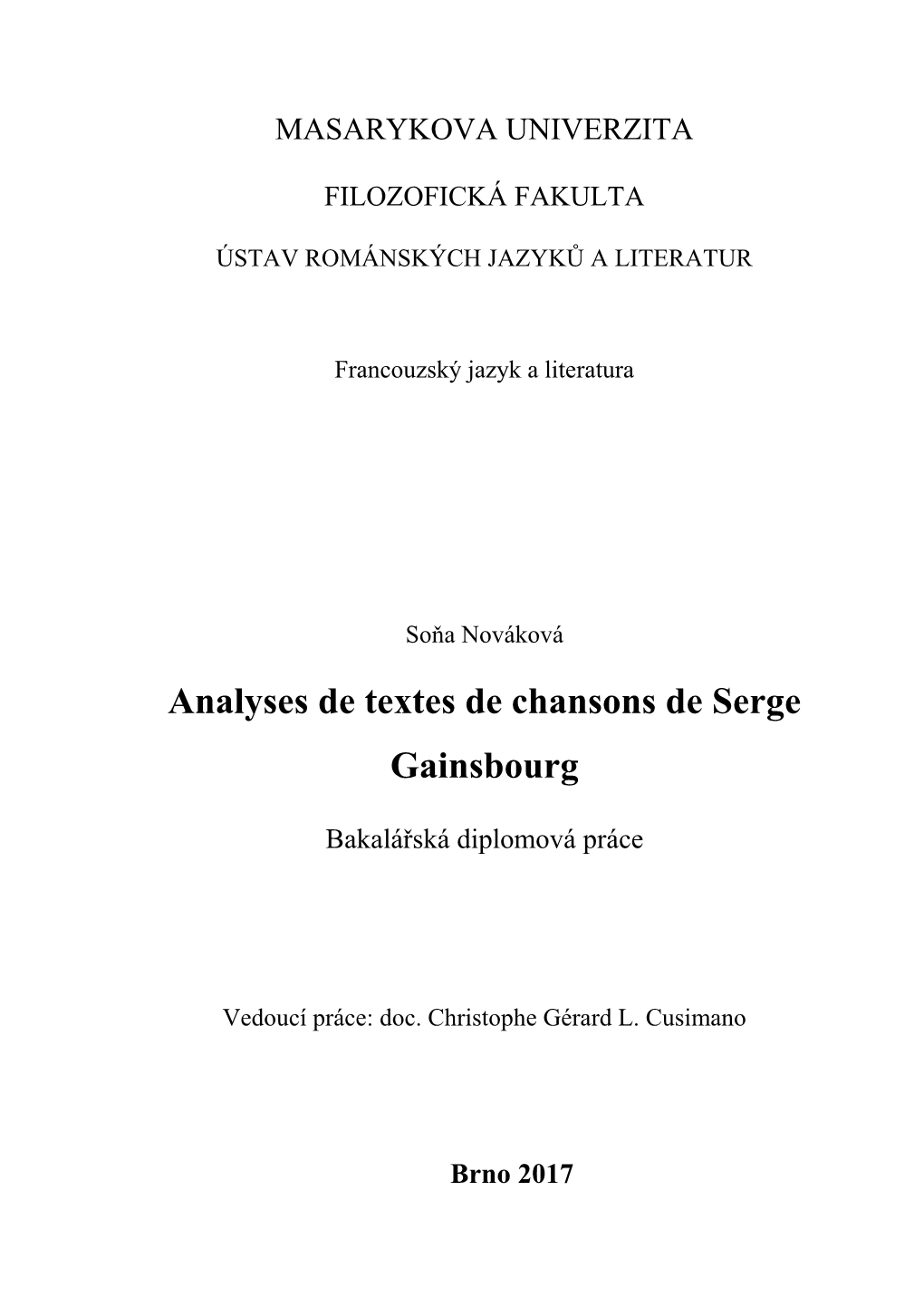 Analyses De Textes De Chansons De Serge Gainsbourg