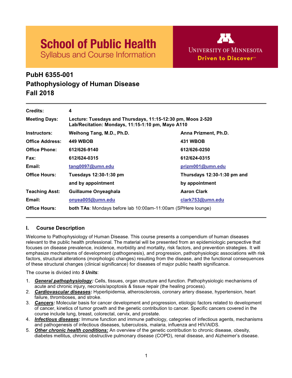 Pathophysiology of Human Disease Fall 2018