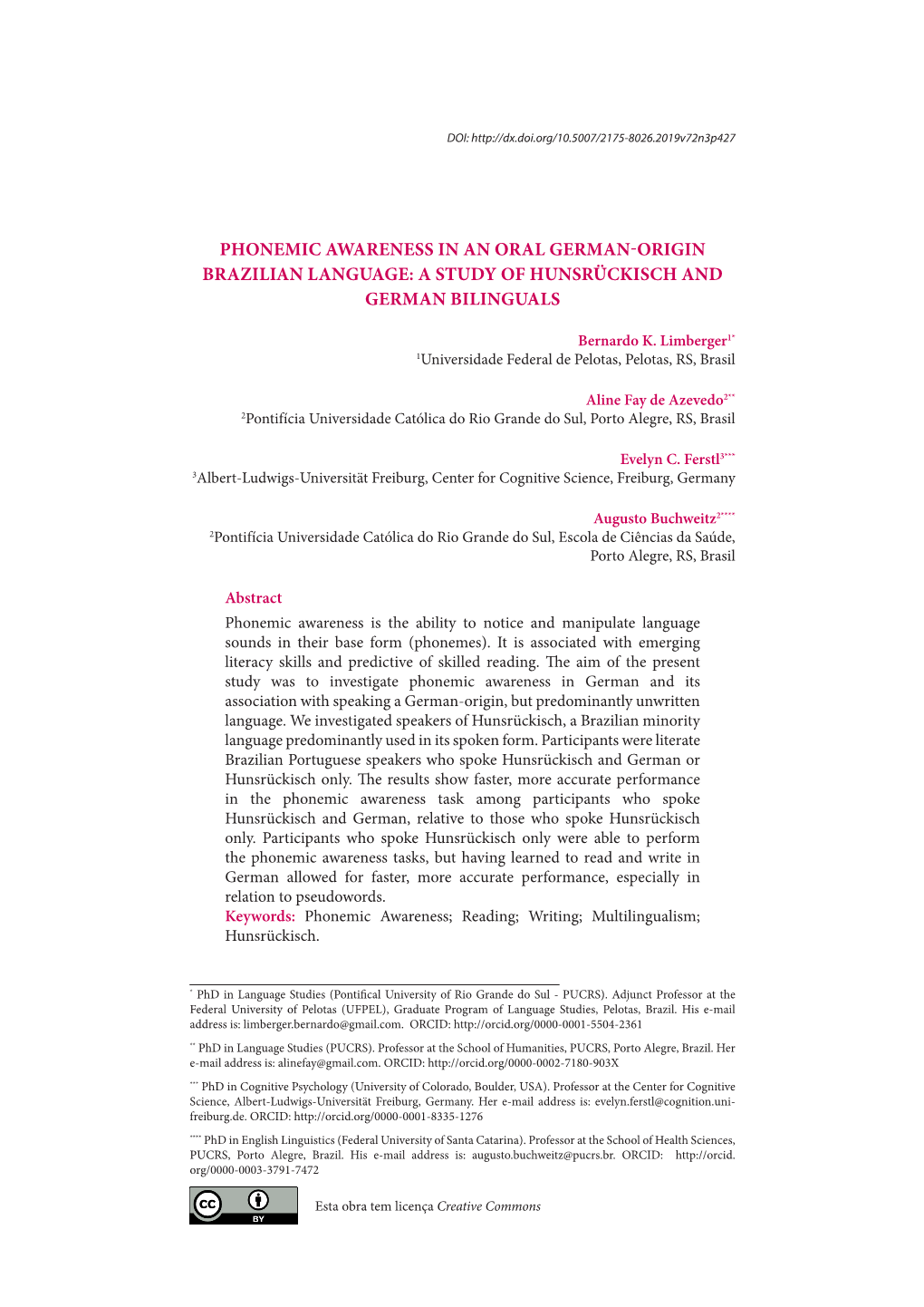 Phonemic Awareness in an Oral German-Origin Brazilian Language: a Study of Hunsrückisch and German Bilinguals