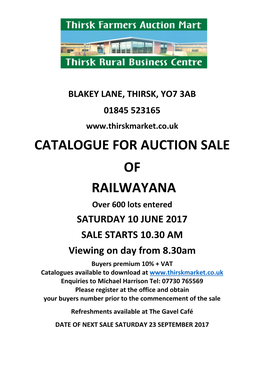 Catalogue for Auction Sale of Railwayana