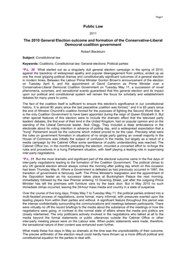 Public Law the 2010 General Election Outcome and Formation of the Conservative-Liberal Democrat Coalition Government