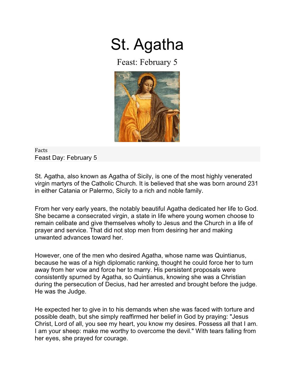St. Agatha Feast: February 5