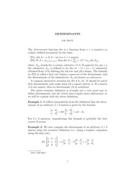 DETERMINANTS the Determinant Function Det Is a Function