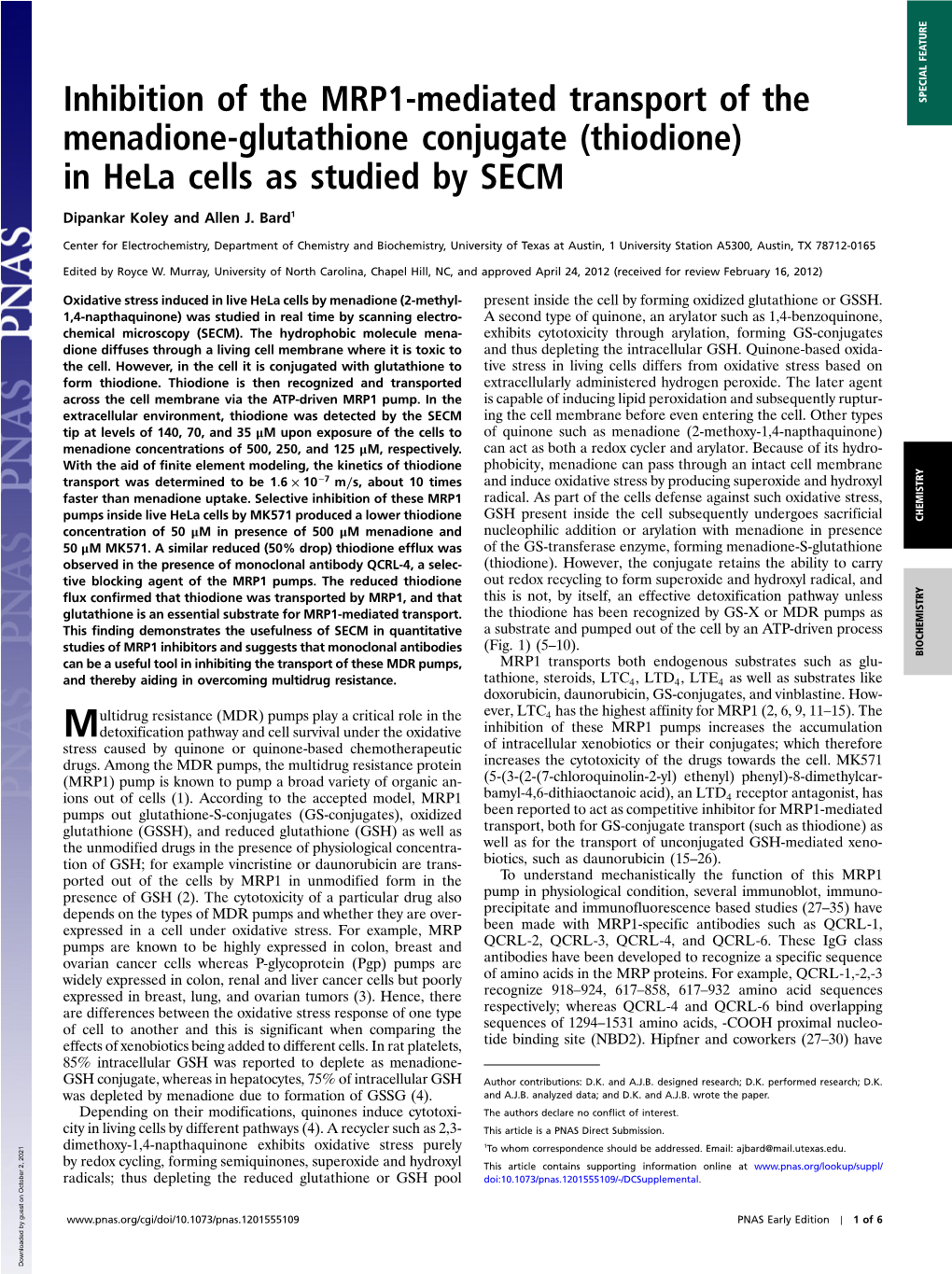 Inhibition of the MRP1-Mediated Transport of the Menadione