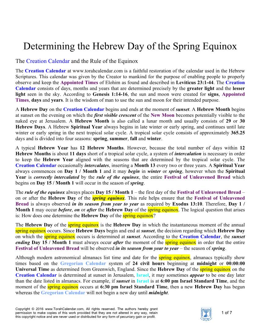 Determining the Hebrew Day of the Spring Equinox