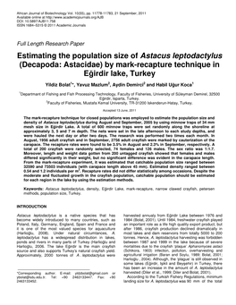 Estimating the Population Size of Astacus Leptodactylus (Decapoda: Astacidae) by Mark-Recapture Technique in E₣Irdir Lake, Turkey