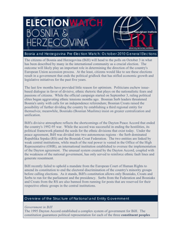 Bosnia and Herzegovina Pre-Election Watch: October 2010 General