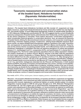Taxonomic Reassessment and Conservation Status of the Beaded Lizard, Heloderma Horridum (Squamata: Helodermatidae)