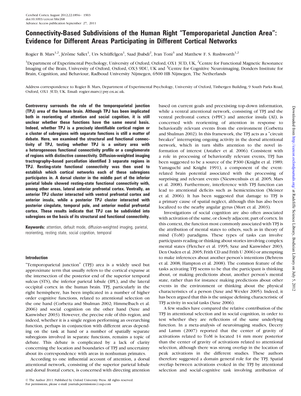 Temporoparietal Junction Area (TPJ) Parcellation Study