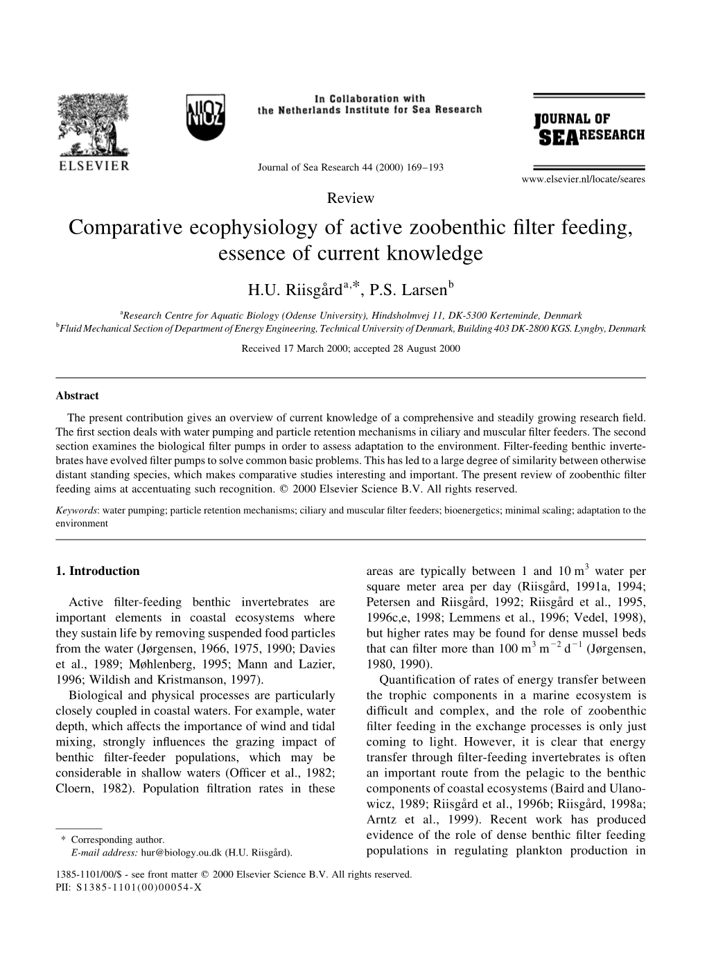 Comparative Ecophysiology of Active Zoobenthic Filter Feeding, Essence Of