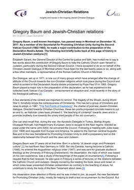 Gregory Baum and Jewish-Christian Relations 31.10.2017 | Jean Duhaime*