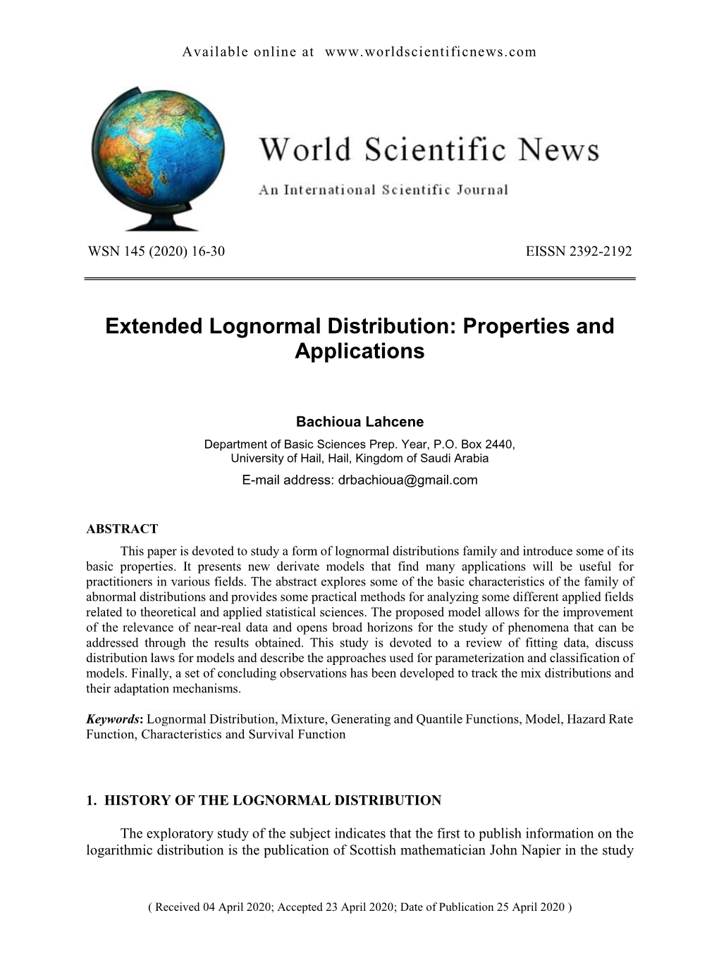 Extended Lognormal Distribution: Properties and Applications