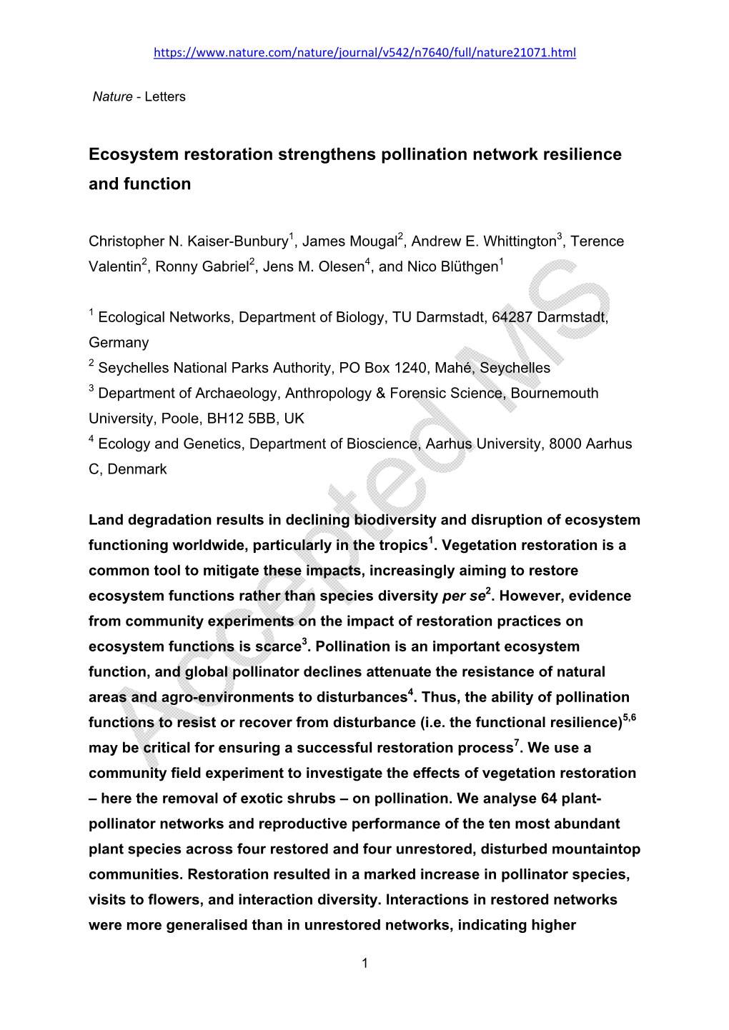 Ecosystem Restoration Strengthens Pollination Network Resilience and Function