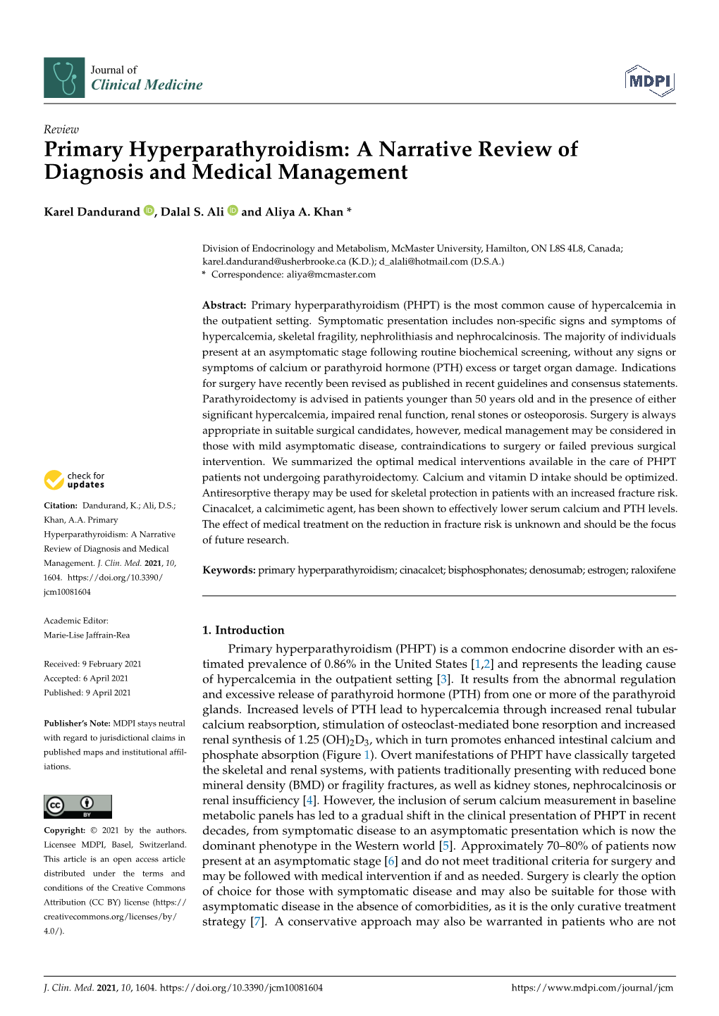 Primary Hyperparathyroidism: a Narrative Review of Diagnosis and Medical Management