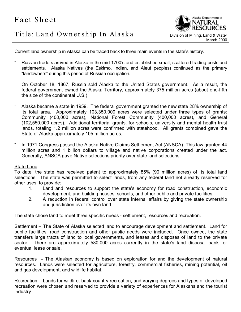 Fact Sheet: Land Ownership in Alaska