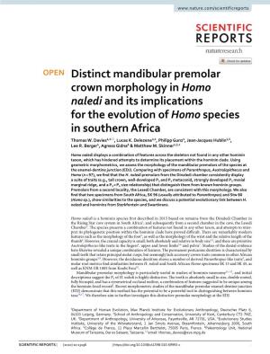 Distinct Mandibular Premolar Crown Morphology in Homo Naledi and Its Implications for the Evolution of Homo Species in Southern Africa Thomas W