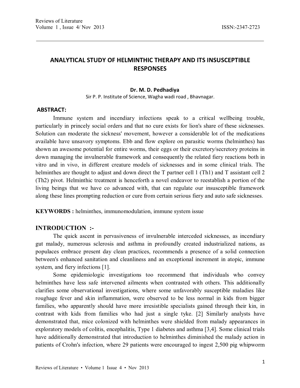 Analytical Study of Helminthic Therapy and Its Insusceptible Responses