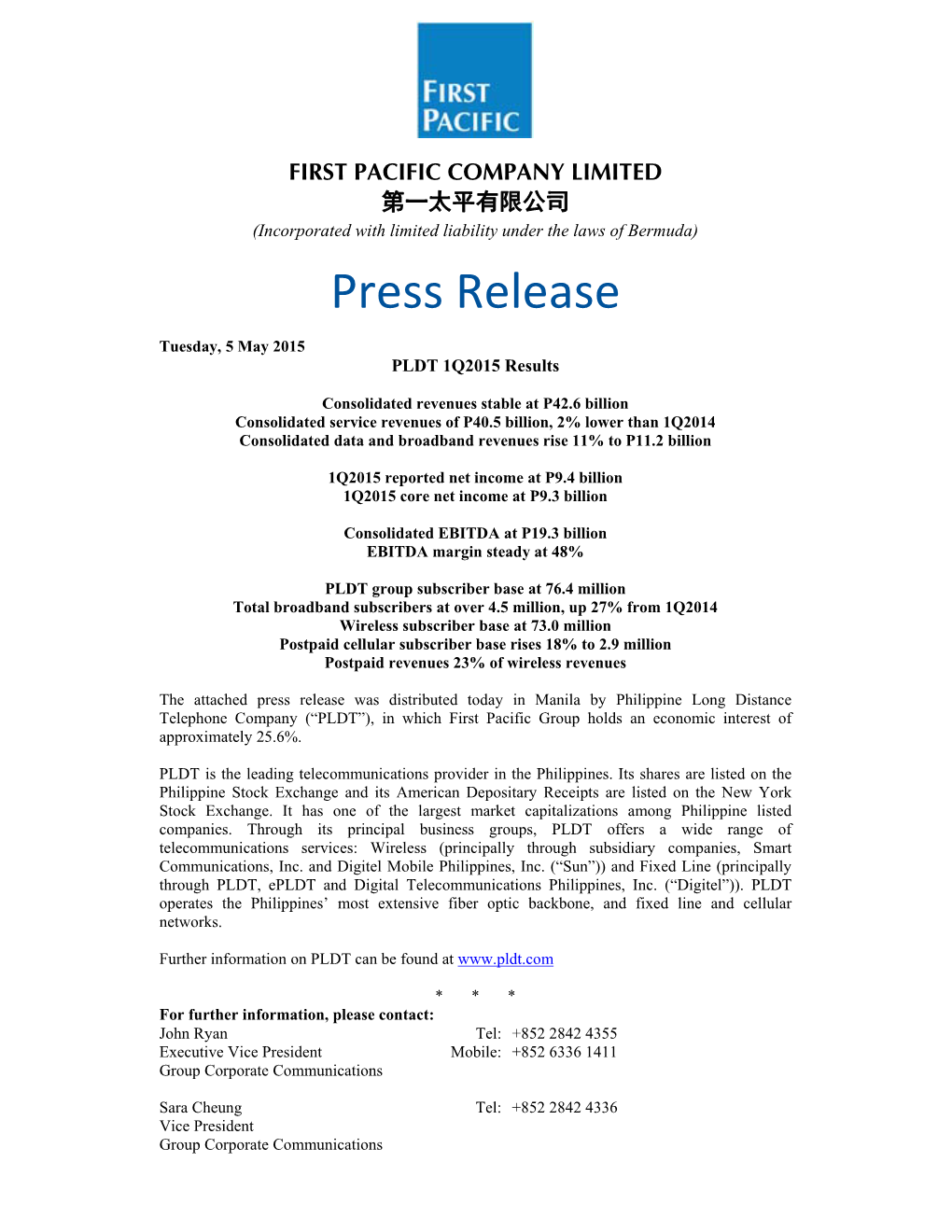 PLDT 1Q2015 Results: Consolidated Revenues Stable at P42.6 Billion