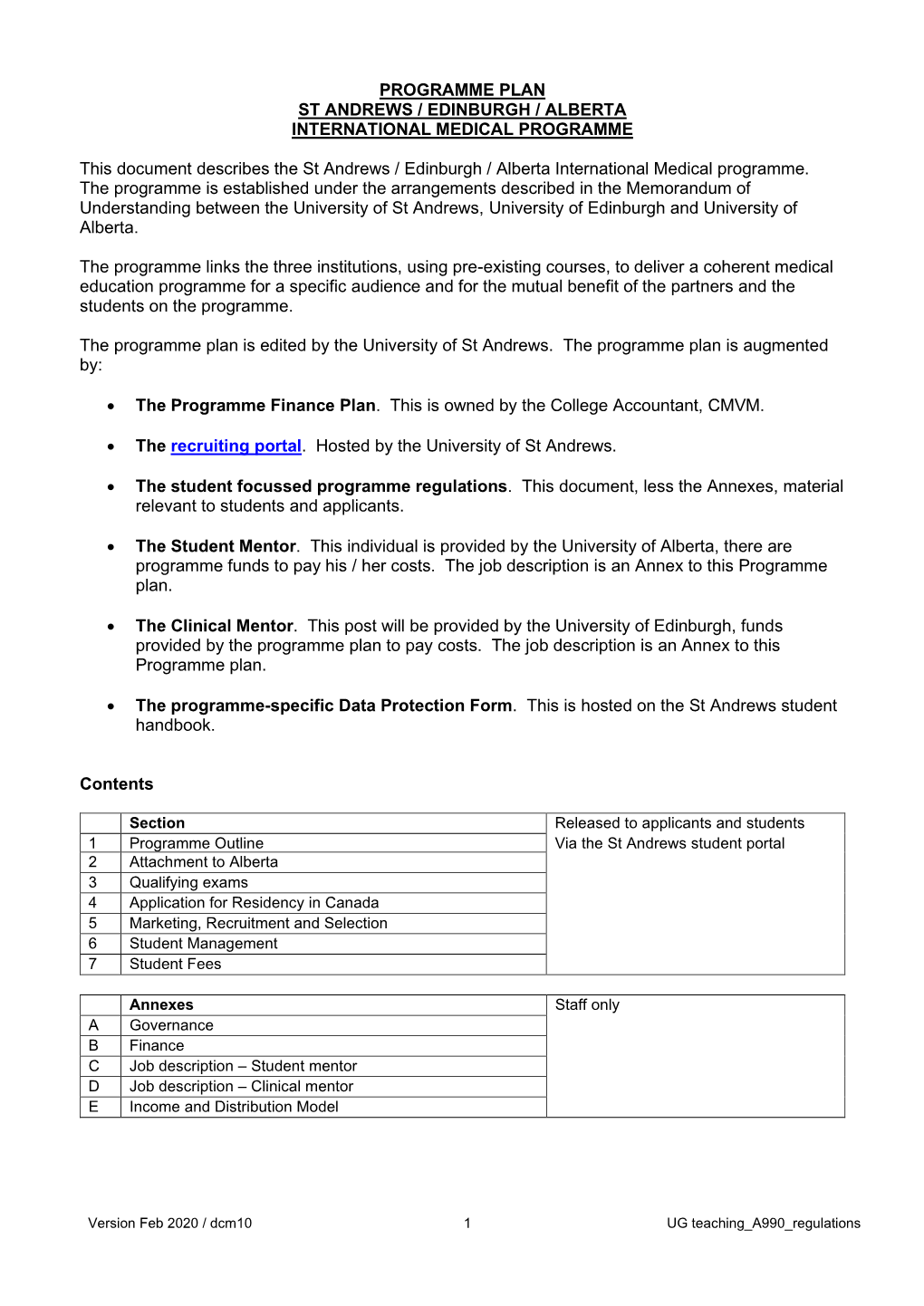 Programme Plan St Andrews / Edinburgh / Alberta International Medical Programme