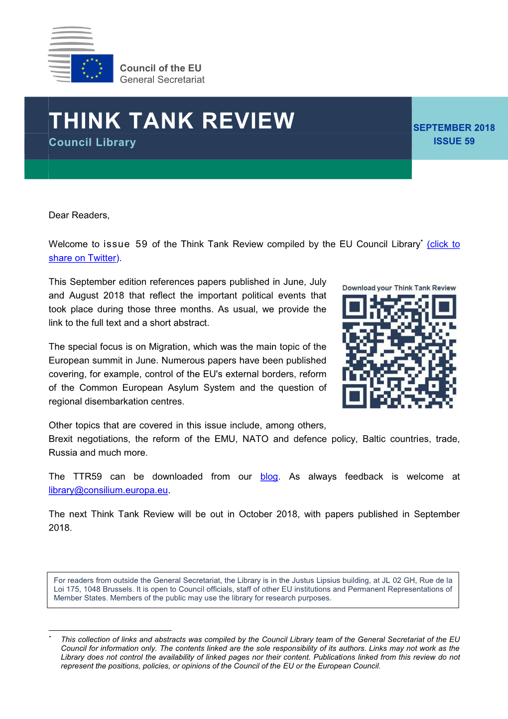 THINK TANK REVIEW SEPTEMBER 2018 Council Library ISSUE 59