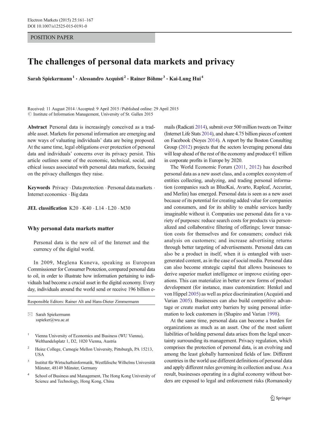 The Challenges of Personal Data Markets and Privacy