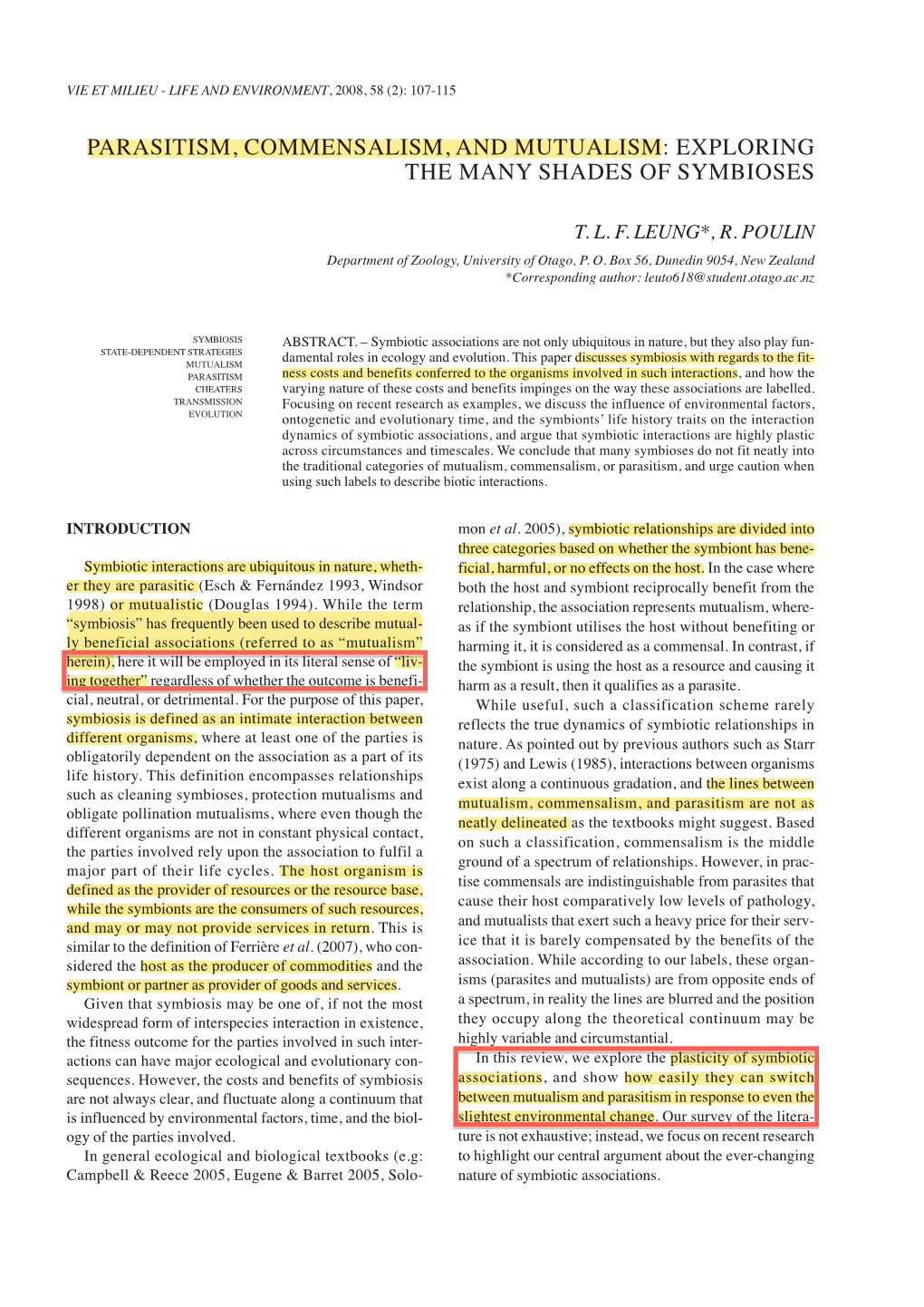 Parasitism, Commensalism, and Mutualism: Exploring the Many Shades of Symbioses