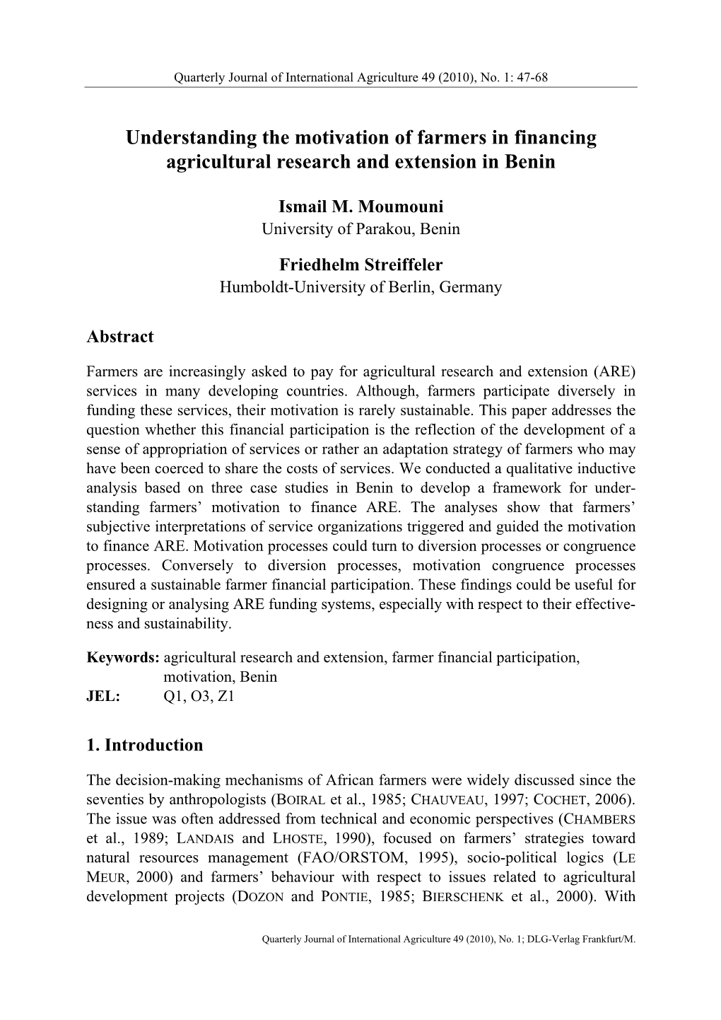 Understanding the Motivation of Farmers in Financing Agricultural Research and Extension in Benin