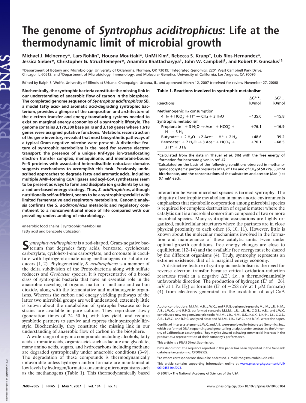 The Genome of Syntrophus Aciditrophicus: Life at the Thermodynamic Limit of Microbial Growth