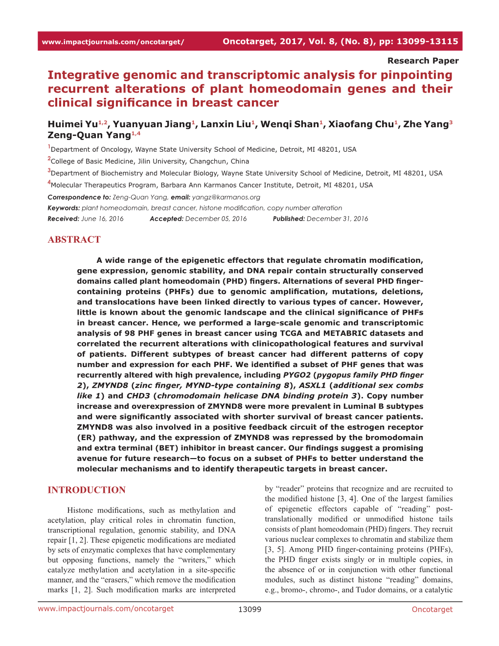 Integrative Genomic and Transcriptomic Analysis for Pinpointing Recurrent Alterations of Plant Homeodomain Genes and Their Clinical Significance in Breast Cancer