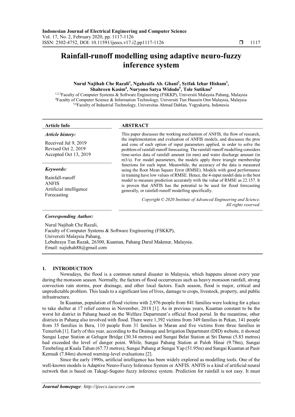 Rainfall-Runoff Modelling Using Adaptive Neuro-Fuzzy Inference System