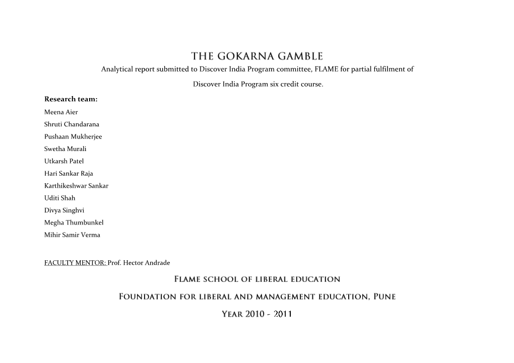 Analytical Report Submitted to Discover India Program Committee, FLAME for Partial Fulfilment Of