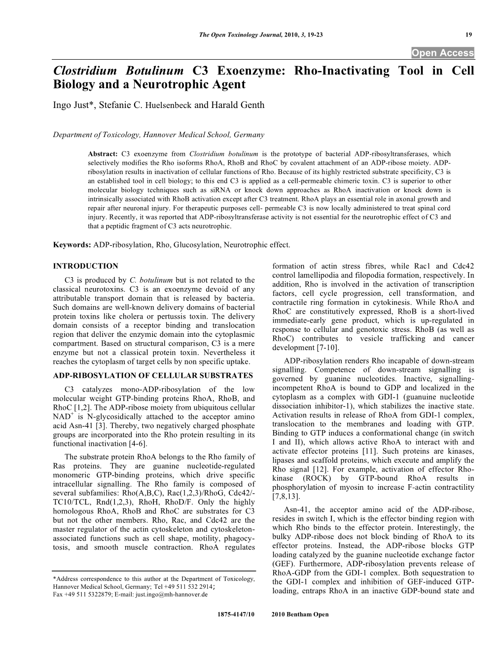 Clostridium Botulinum C3 Exoenzyme: Rho-Inactivating Tool in Cell Biology and a Neurotrophic Agent