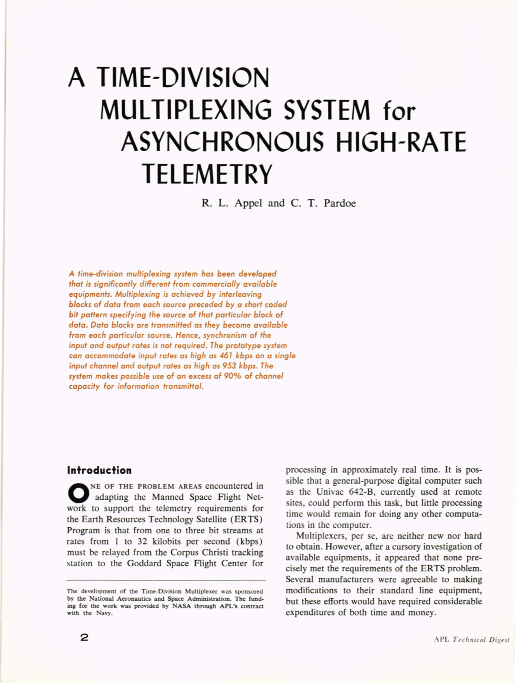 A TIME-DIVISION MULTIPLEXING SYSTEM for ASYNCHRONOUS HIGH-RATE TELEMETRY R