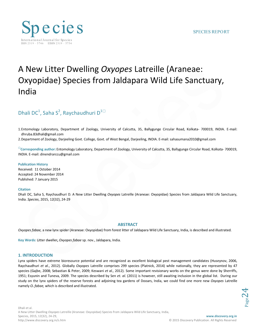 Species SPECIES REPORT International Journal for Species ISSN 2319 – 5746 EISSN 2319 – 5754