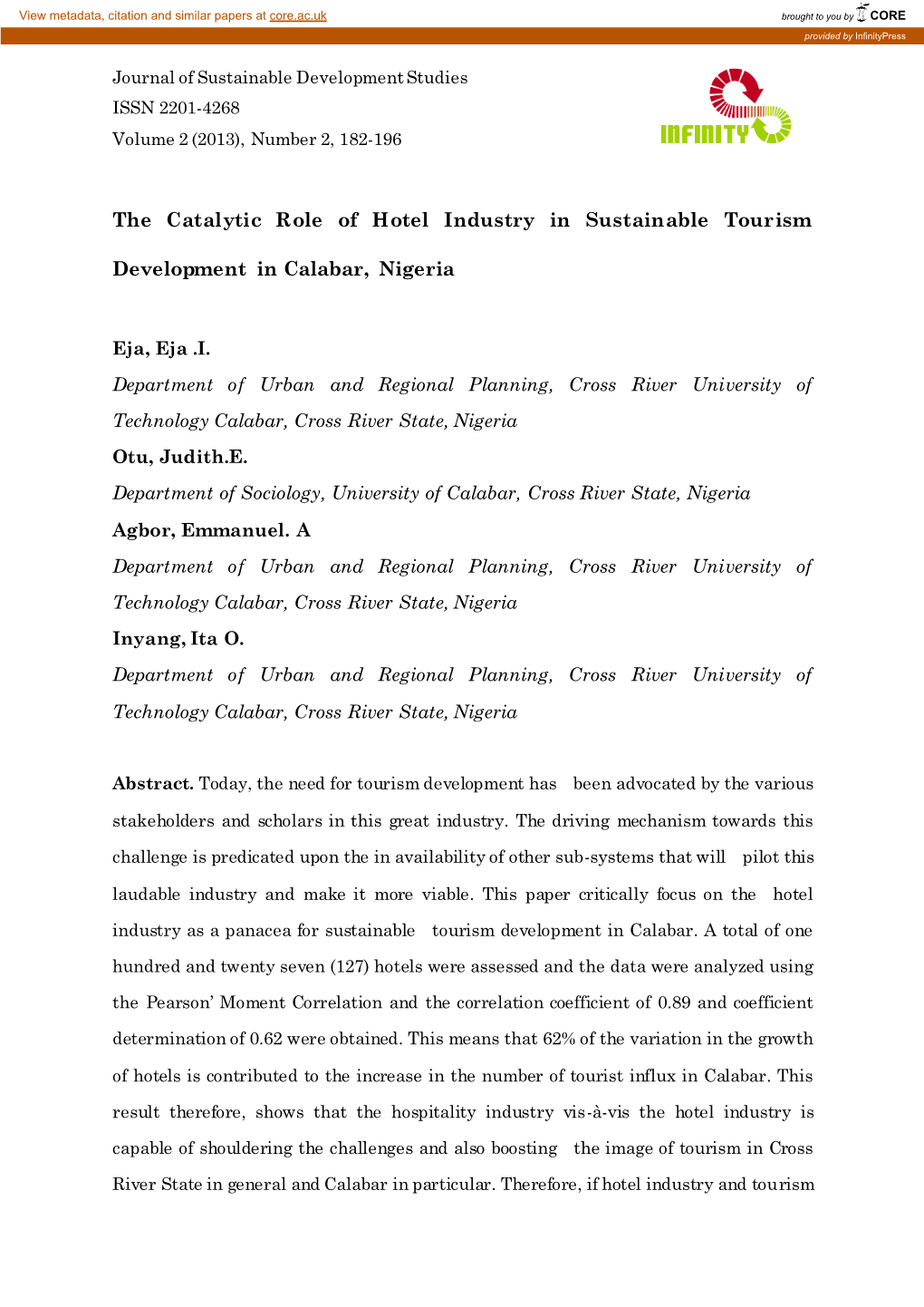 The Catalytic Role of Hotel Industry in Sustainable Tourism Development in Calabar, Nigeria